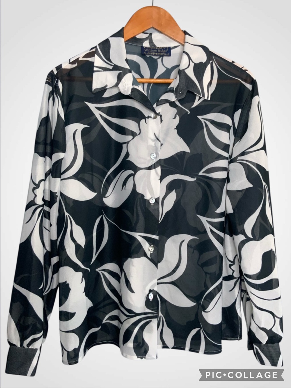 Willow Ridge Black and White Floral Button-Down Sheer Blouse